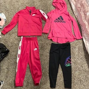 Girls Nike matching tracksuit, Adidas matching lounge set, both 4T